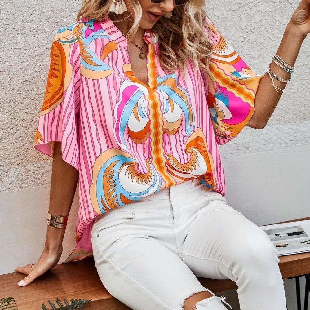 Notched Neckline Butterfly Sleeve High Low Hem Blouse multi color - Picture 3 of 5